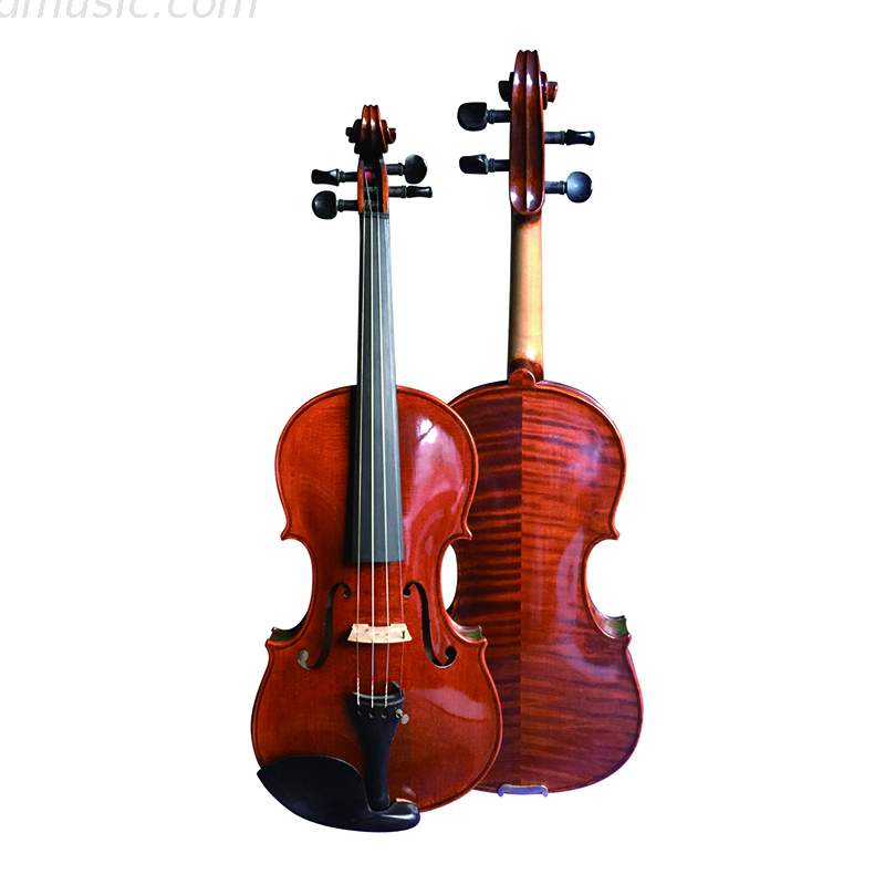 Violino da studente in abete rosso massiccio fiammato fatto a mano con custodia oblunga, archetto per violino e colofonia (MV130)