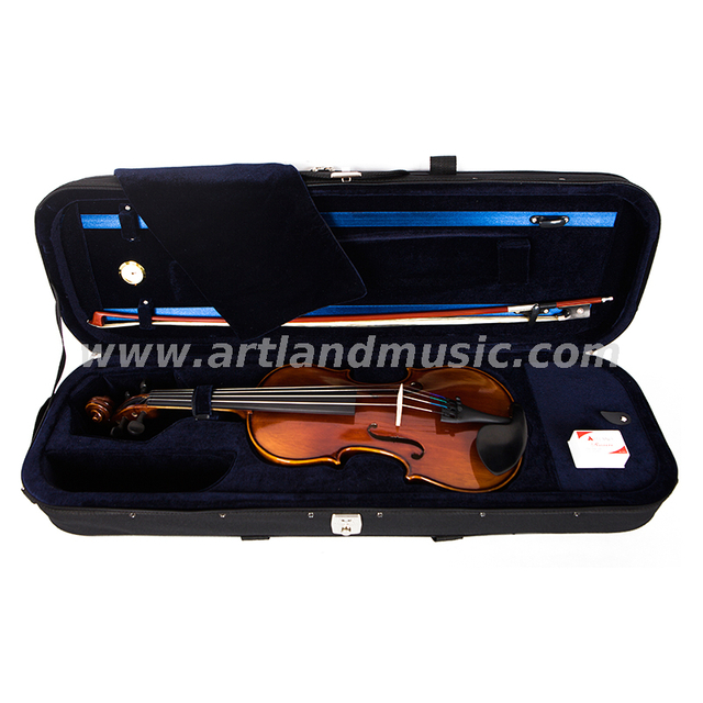 Violino da studente in abete rosso massiccio fiammato fatto a mano con custodia oblunga, archetto per violino e colofonia (MV130)